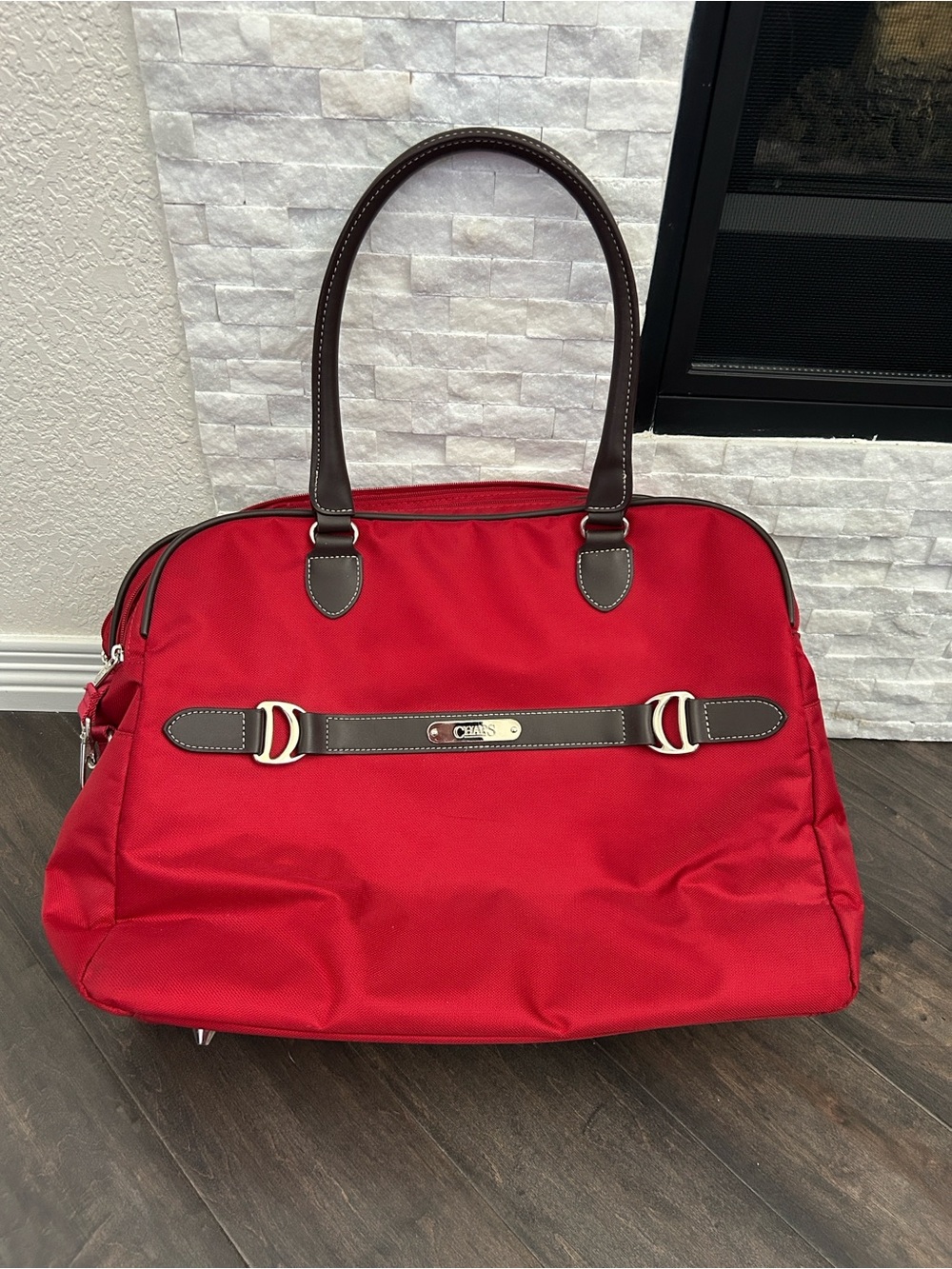Chaps Red Triple Compartment Weekender Travel Tote Bag Brown Trim